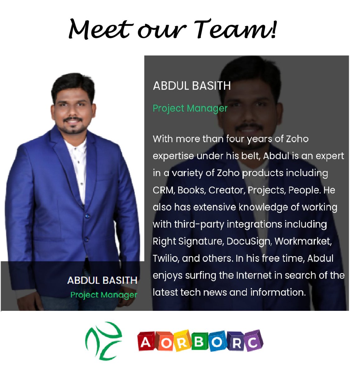 AorborcTech's tweet photo. Meet one of the Stars of our Team at AorBorC - Mr. Abdul Basith
#AorBorC #zohopartners #Zoho #freshdesk #Odoo #Striven #kissflow #softwaredevelopment #softwareservices #mobileappdevelopment #zohodev #team #ourteamisthebest #teamwork #twitter #Tweet https://t.co/gS9XuV9ug3