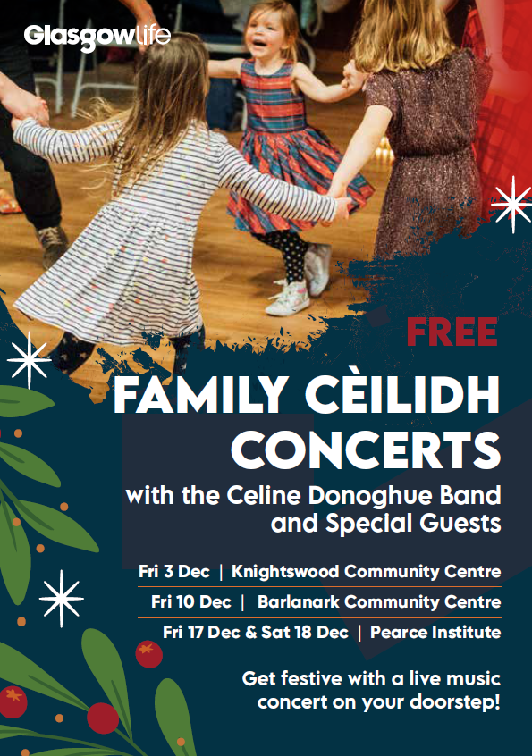 PlatformGlasgow's tweet photo. Glasgow Life are hosting a family ceilidh in #Barlanark Community Centre this Friday!
Get festive with a FREE live music concert led by Scottish folk musician (and our own Fiddle Class tutor) Celine Donoghue and her band 🎶
To book, call the venue on 0141 773 1812. https://t.co/GO5KP6u0wi