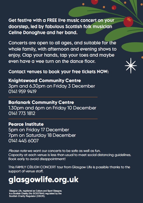 PlatformGlasgow's tweet photo. Glasgow Life are hosting a family ceilidh in #Barlanark Community Centre this Friday!
Get festive with a FREE live music concert led by Scottish folk musician (and our own Fiddle Class tutor) Celine Donoghue and her band 🎶
To book, call the venue on 0141 773 1812. https://t.co/GO5KP6u0wi