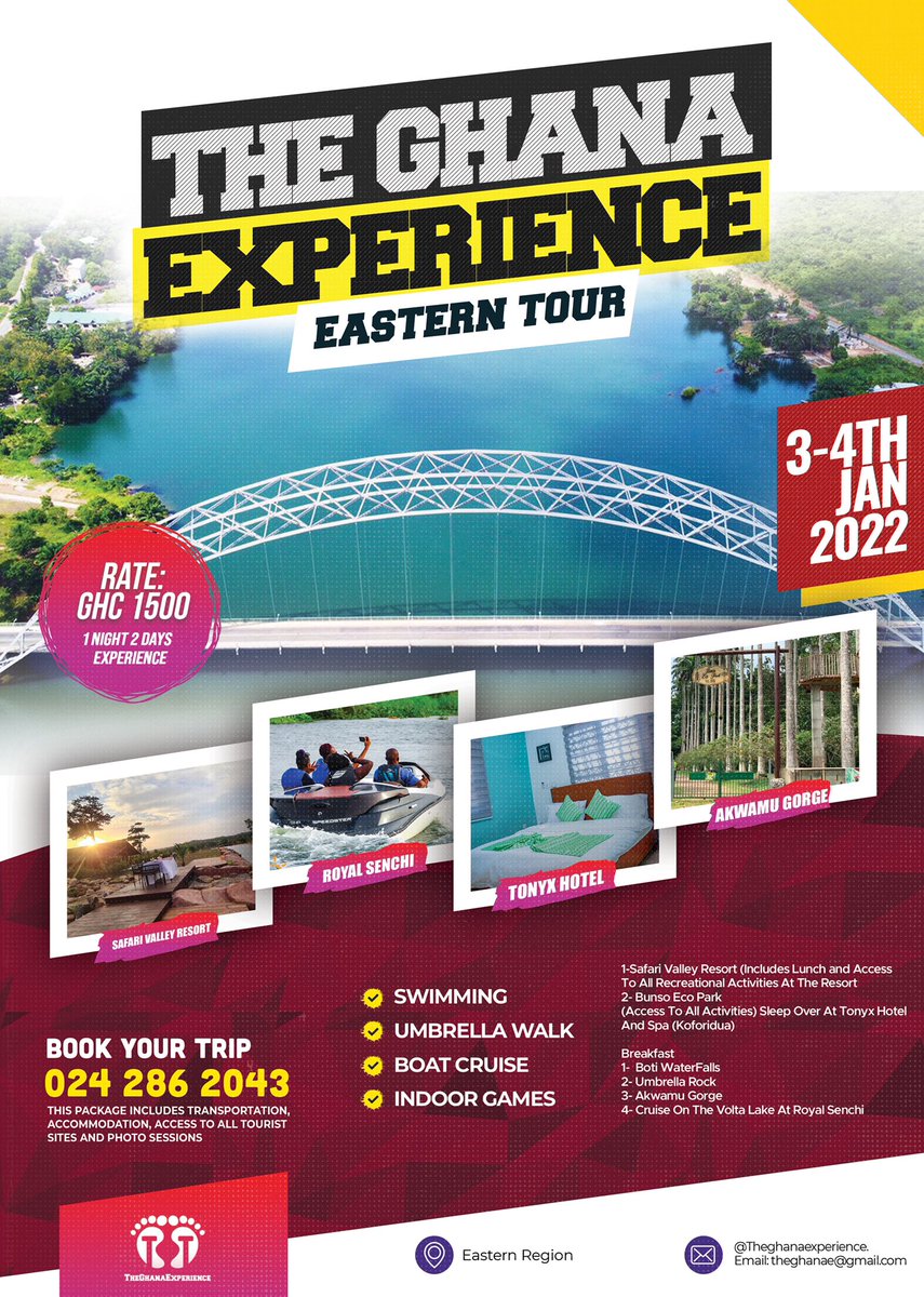 nanakgyesi1's tweet photo. Sigh up for “Ghana Experience Eastern Tour” to feel Ghana on January 3rd and 4th, 2022.
#GhanaExperience #EasternTour
#Visitghana #DecemberInGhana @ghanatourismGTA @Heritage_Gha https://t.co/WeiLDkJVNr