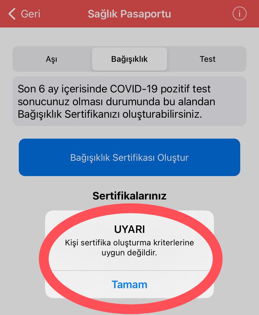 Antikor testi ile bağışıklık sertifikası oluşturulamıyor.Enabız da görünen tahlil sonucu olmasına rağmen Enabız da bağışıklık sertifikası oluşturulamıyor.
Sağ.Bak'lığı ile 2 kez görüştüm çözüm yok.
<a href="/drfahrettinkoca/">Dr. Fahrettin Koca</a> <a href="/saglikbakanligi/">T.C. Sağlık Bakanlığı</a> <a href="/Haberturk/">Habertürk</a> <a href="/cnnturk/">CNN TÜRK</a> <a href="/tgrthabertv/">TGRT HABER</a> <a href="/showanahaber/">Show Ana Haber</a>