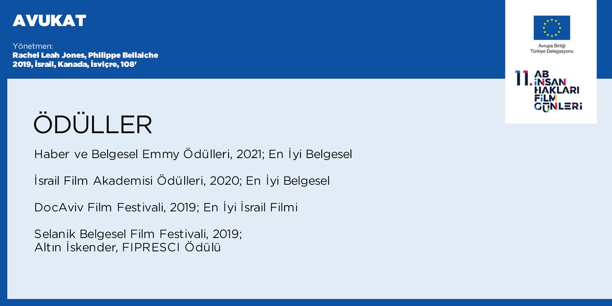 Uluslararası ödüllü Avrupa filmleri ücretsiz ve çevrimiçi gösterimlerle 10 Aralık'ta 11. AB İnsan Hakları Film Günleri’nde!

AVUKAT filmi hakkında detaylı bilgi için: avrupa.info.tr/tr/avukat-108-…

#ABİnsanHaklarıFilmGünleri  #FilmEşit
