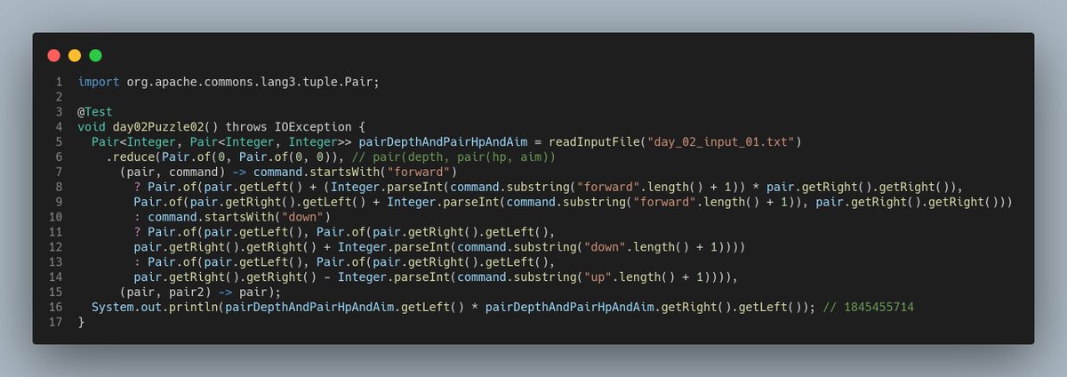 Hugo_view's tweet image. I just completed "Dive!" - Day 2 - Advent of Code 2021 adventofcode.com/2021/day/2 #AdventOfCode #Java11 #ApiStream #FunctionalProgramming