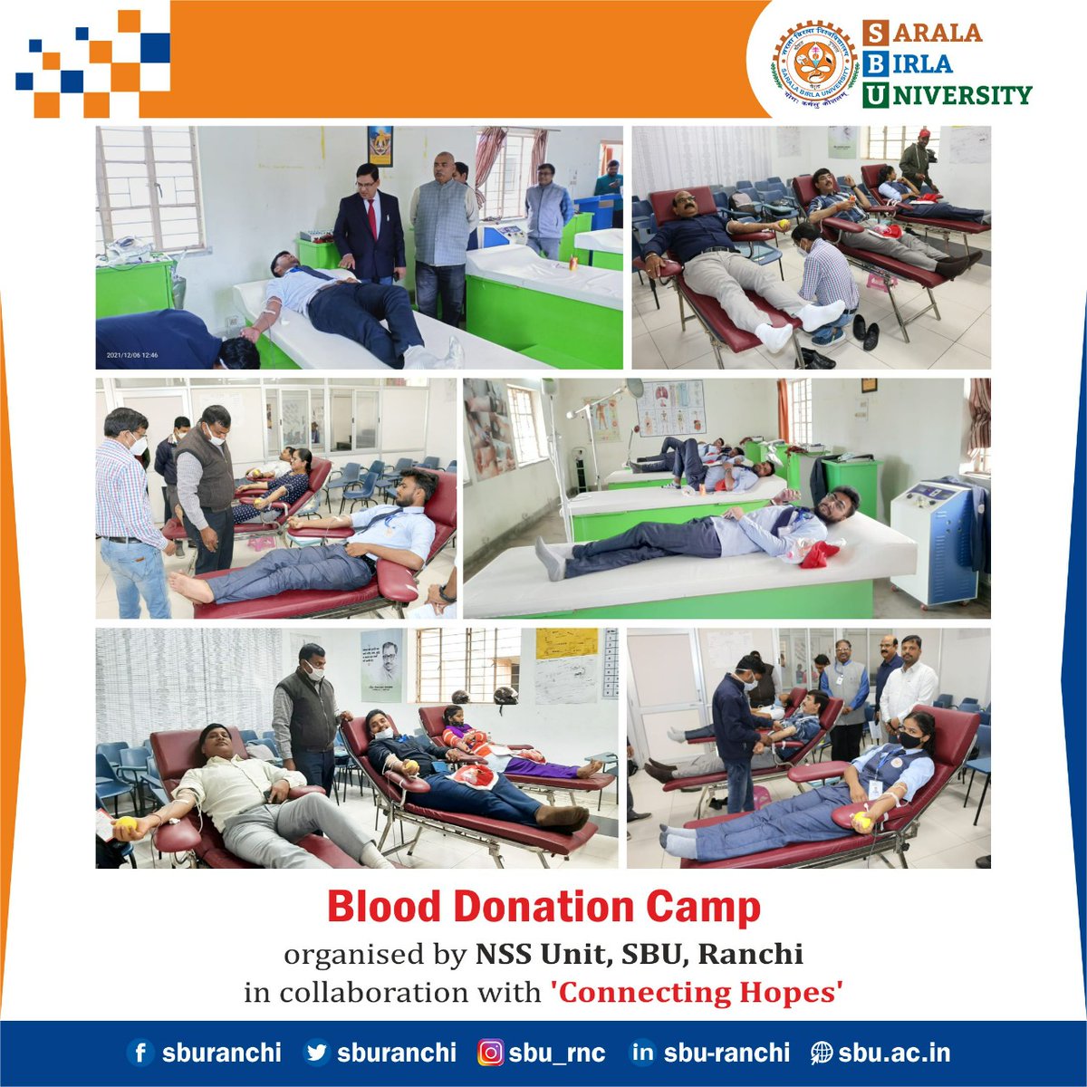 sburanchi's tweet photo. On the mark of death anniversary of Babasaheb Dr. B.R. Ambedkar a blood donation camp organised by NSS Unit, Sarala Birla University, Ranchi in collaboration with 'Connecting Hopes'.
@ConnectingHopes
#sbu #sburanchi #blooddonation #connectinghopes #donateblood https://t.co/a98EUPU8V5
