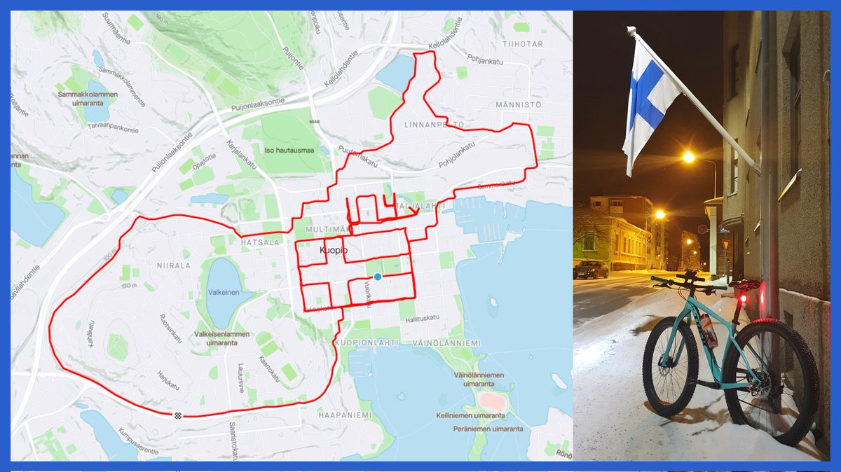 TapioKettunen's tweet photo. Onnea Suomi 104 vuotta! 🇫🇮
Tour de Suomi 1:300 -ajo on jo perinne. 🚲
#itsenäisyyspäivä #Suomi
#pyöräily #GPSart #art https://t.co/7cqfhToR1C