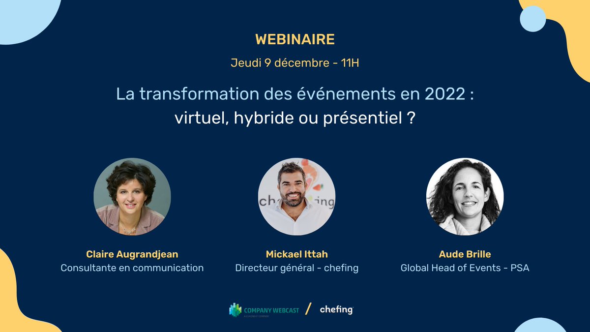 ChefingFR's tweet image. 🗓 #SaveTheDate 

Ce jeudi, #rdv à 11h pour un #webinar sur l'évolution du secteur #événementiel, animé par :

🤩 Mickaël, #DirecteurGénéral, #chefing
🤩 Claire, consultante en #communication
🤩 Aude, Global Head of #Events, @StellantisFR

Inscription 👉🏼 bit.ly/3lDtPqC