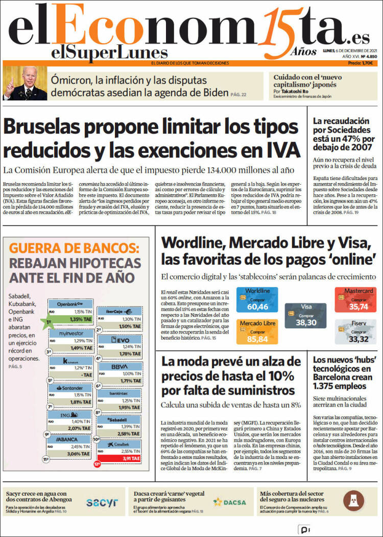 Pompeunomics's tweet photo. DIARIS ECONÒMICS 📊
📌#Biden persuadeix els aliats de l’oest de #Rússia 
📌#Inditex eleva el poder dels propietaris de l’#Ibex
📌#Brusel·les proposa limitar els tipus reduïts i les exempcions en #IVA
📌Duro #Felguera llança un pla d’enginyeria verda per facturar 500M l’any https://t.co/gbh0NXOMbN