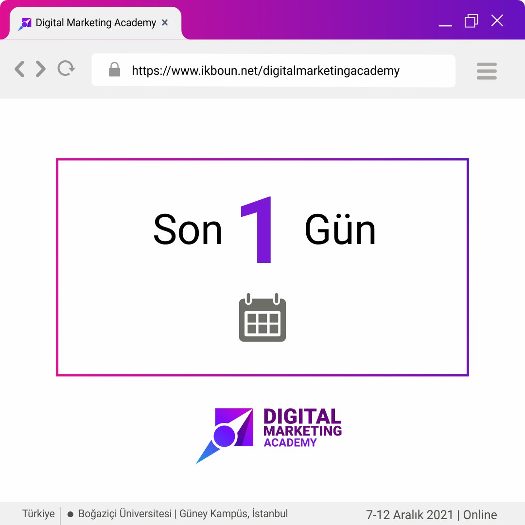 SON 1 GÜN! Boğaziçi Üniversitesi Digital Marketing Academy’de son dönemlerin en trend konusu olan dijital pazarlama hakkında alanında uzman kişileri dinlemene 1 gün kaldı!
Biletler: biletino.com/tr/e-dpa/bogaz…
.
#google #instagram #youtube #digitalmarketing  #pazarlama #marketing