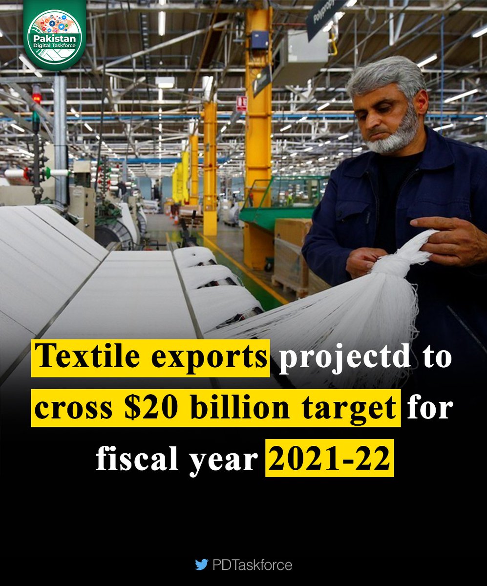 With the ongoing $3.5 billion expansion plan for the textile industry, #Pakistan’s textile exports are likely to increase by $6bn and cross the $20bn target projected for the fiscal year 2021-22. #PakistanZindabad