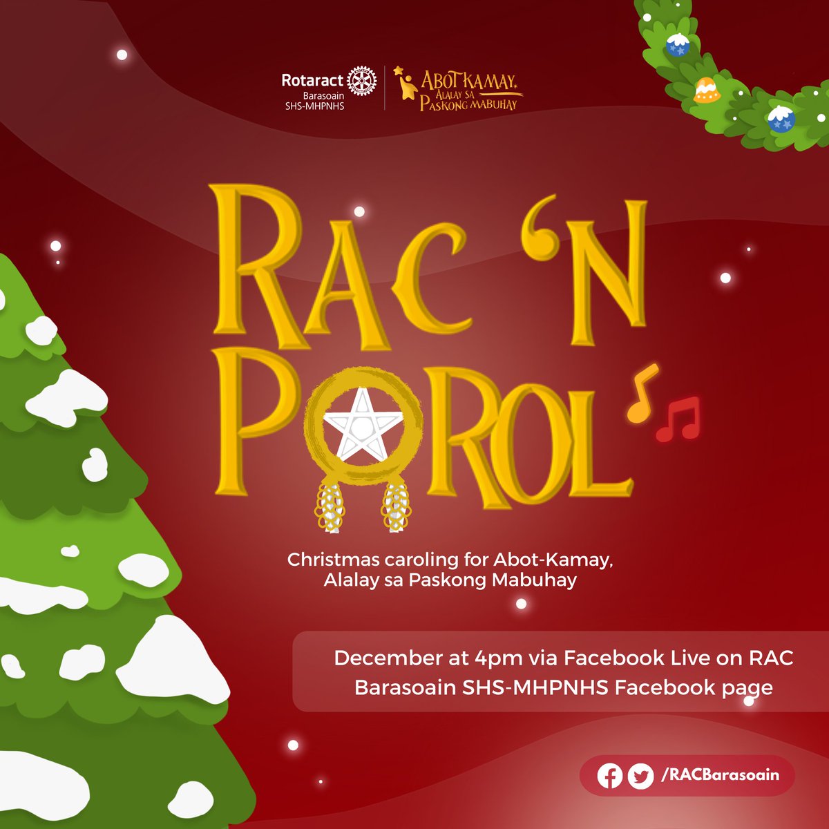 racbarasoain's tweet photo. Kumukutikutitap, bumubusibusilak, Ganiyan ang indak ng mga bombilya 🎼

Ready ka na bang marinig ang ating mga performers? Be prepared and watch our online caroling on December 11 at 4pm via Facebook live.

#RacNParol
#AbotKamayNaAngPagasa
#RotaractClubOfBarasoainSHSMHPNHS https://t.co/qXpOFEg9EK