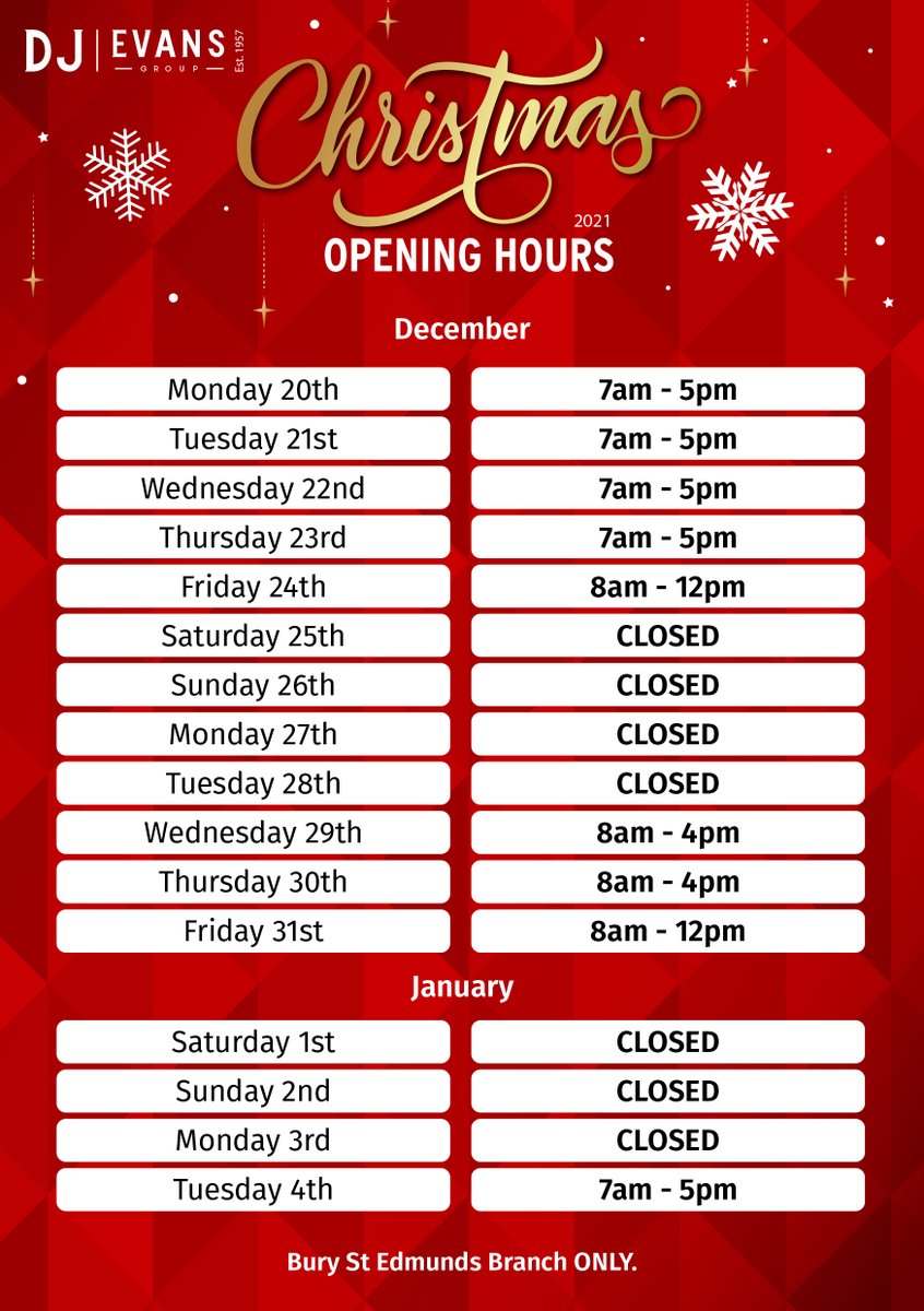 Christmas is getting closer 🎄 Here are the opening times for our Bury St. Edmunds branch from December 20th 🌟