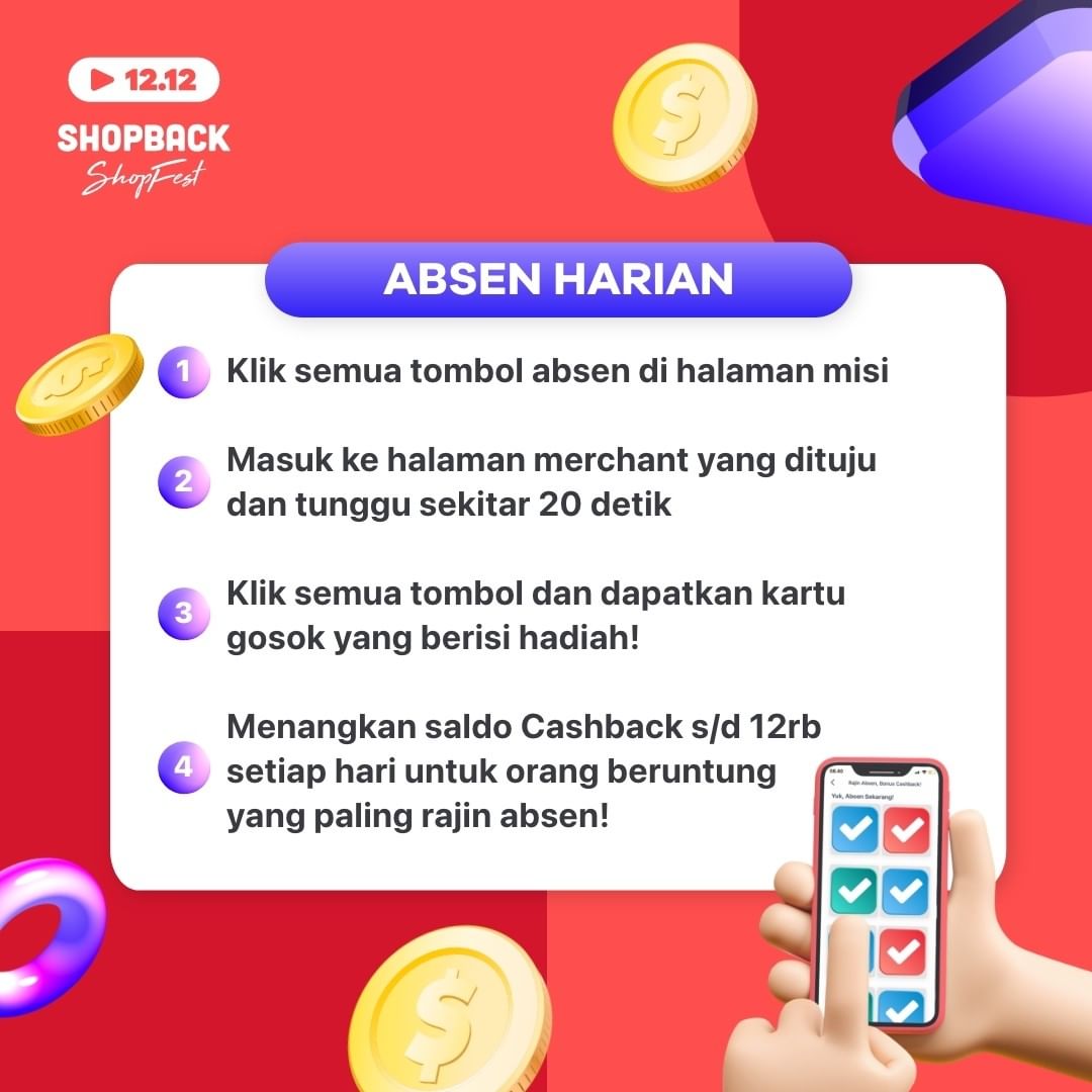 ShopBackID's tweet photo. Mau dapetin cashback s/d 12ribu setiap hari? โค Cus jangan lupa absen tiap hari sampe tanggal 11 Desember! Cek gambar di bawah untuk tau caranya ya!
Yuk download sekarang dan absen mulai hari ini: https://t.co/DGlkOVwvnE
#MulaidariShopBack #Cashback #ShopBack #ShopBackShopFest https://t.co/arBfUzG3Pk