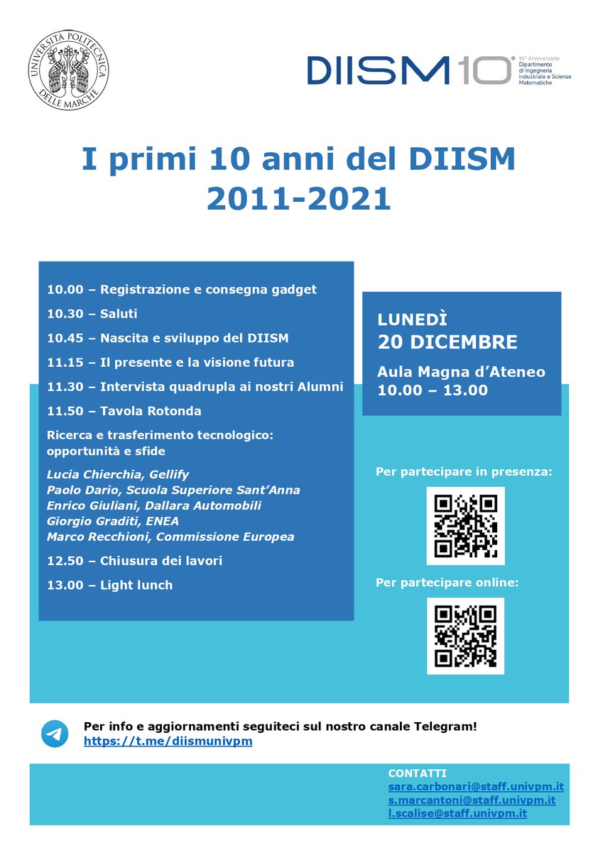 Non mancate all'evento di festeggiamento dei 10 anni del @DIISM_UNIVPM la mattina del 20/12! Parleremo di #ricerca, #innovazione, #trasferimentotecnologico e delle #opportunità che le #Università e il mondo della Ricerca in generale possono offrire! @UnivPoliMarche