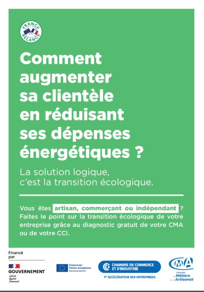 CMAFrance_'s tweet photo. 🟢"La solution logique, c’est la transition écologique !", la nouvelle campagne de communication #CMA #CCI @gouvernementFR pour accélérer la transition écologique 🌱♻️ des artisans, commerçants et indépendants, une priorité !  #FranceRelance https://t.co/XjNBgsWwFt https://t.co/oSVtZnyF5q