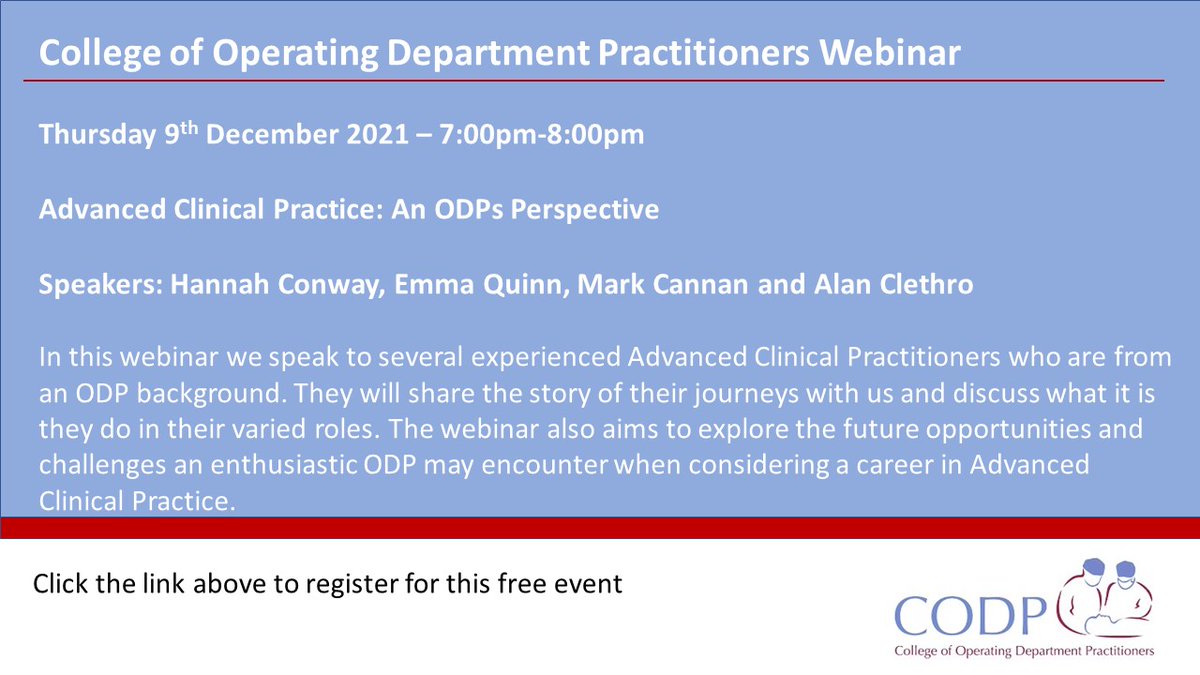CollegeODP's tweet image. Still time to register for Thursday's webinar Advanced Clinical Practice: An ODPs perspective.

Join us and listen to the experiences of several #ODPs who are working as Advanced Clinical Practitioners. 

Find out more and register for this free event 👉 bit.ly/3rBtZmf