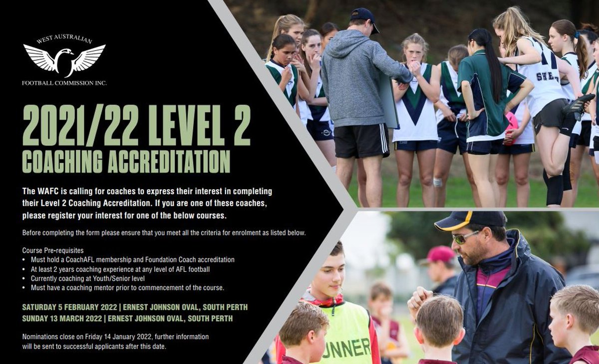 The WA Football Commission are seeking expressions of interests for upcoming Level 2 coaching courses. To express your interest and for more information: bit.ly/31x7Avr