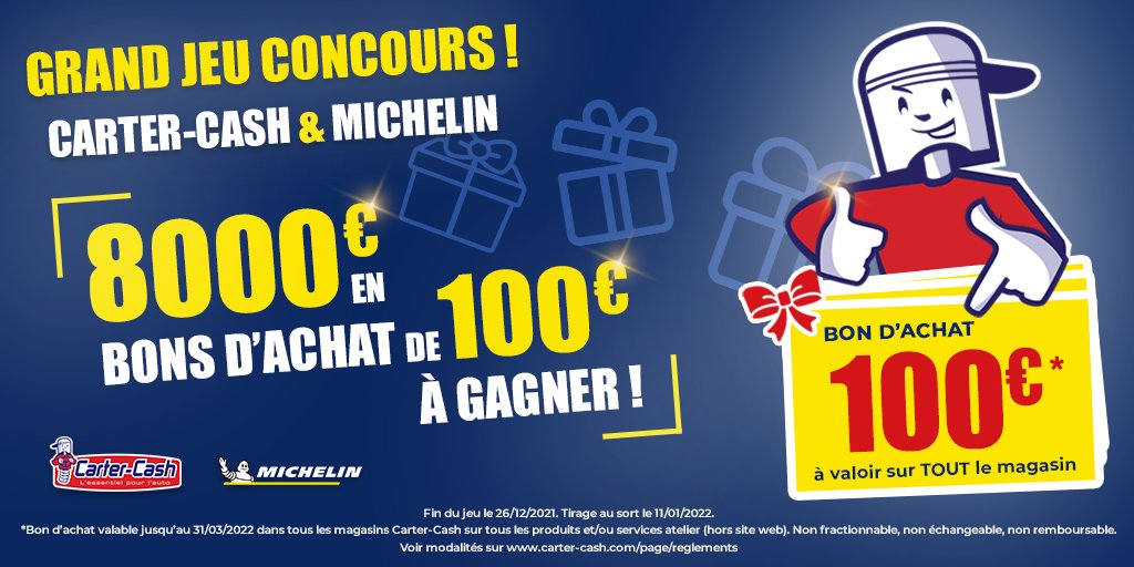 CarterCashAuto's tweet image. Grand #JeuConcours 🎁

Avec #MICHELIN, tentez de remporter un bon d'achat de 100€ à valoir sur TOUT le magasin Carter-Cash ! 

Pour participer au #concours, c'est par ici 👉 bit.ly/3xVe7MJ

🔁Vous pouvez aussi RT ce Tweet (optionnel)

TAS le 11/01/2022
Bonne chance 🍀