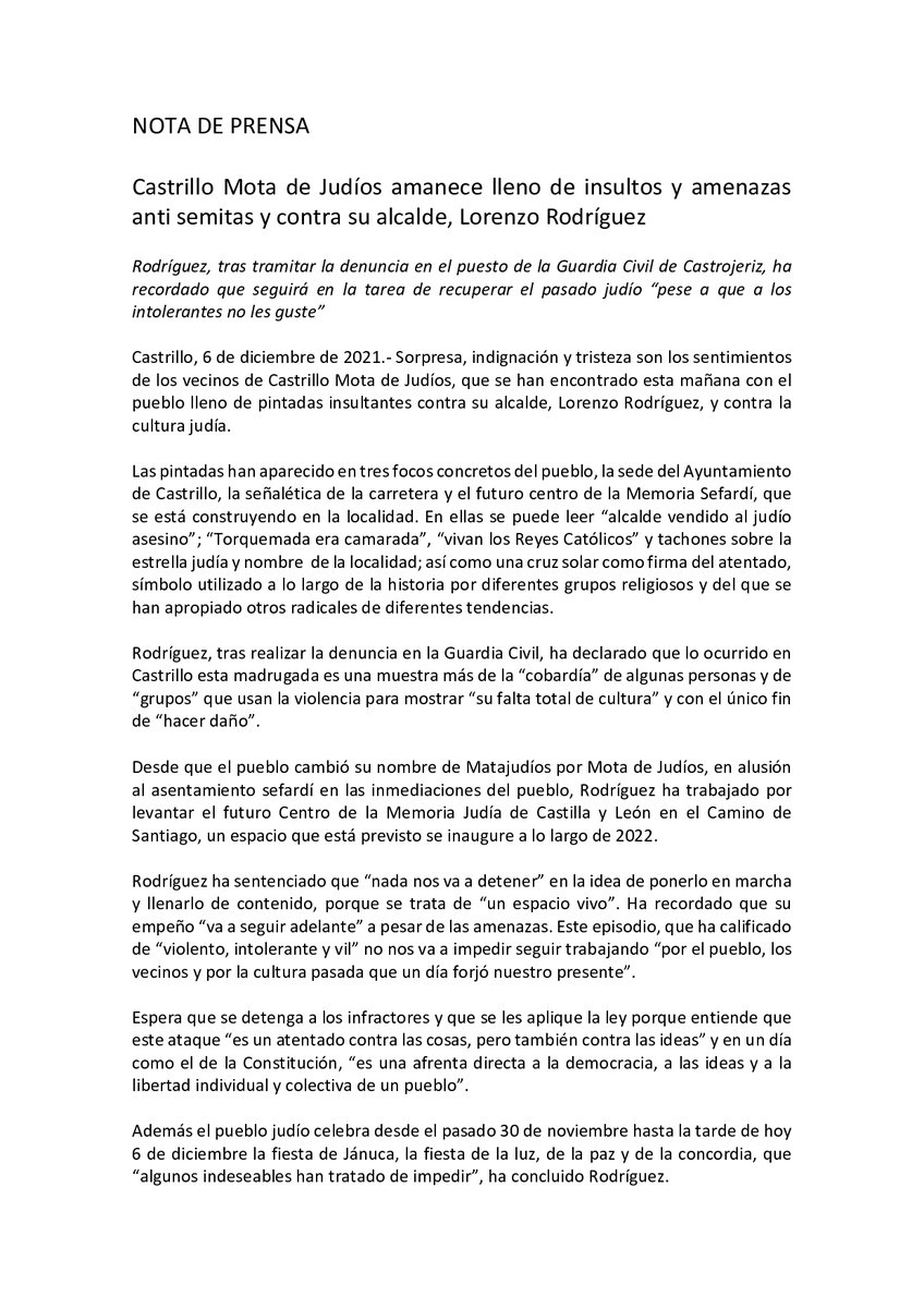 Seguimos adelante en la tarea de recuperar nuestro pasado, nuestra cultura y nuestra identidad. Lo ocurrido en Castrillo es una muestra de la cobardía de algunas personas y de grupos que usan la violencia para mostrar su falta total de cultura y con el único fin de hacer daño.