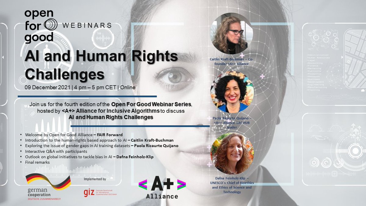 fair_forward's tweet photo. Interested in AI and Human Rights Challenges? Join the Open for Good Webinar with brilliant speakers from <A+> Alliance and UNESCO this Thursday: 4 pm – 5 pm CET/CAT/UCT+1
Register here: https://t.co/vIYIfy8X3m https://t.co/bxN3VqaJQu