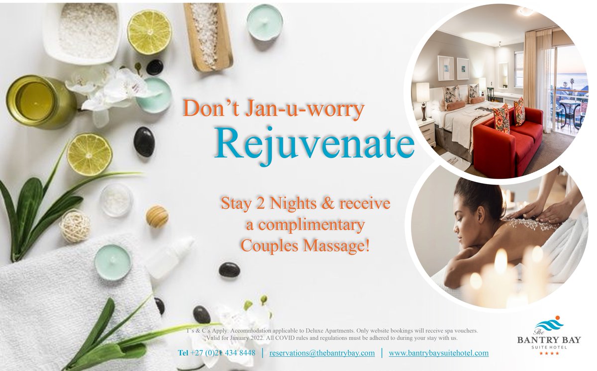 Can't break away in December? We've got you covered for January 2022. Take advantage of our January Special Offer! Stay with us for two nights and get a couples massage FREE. Book your luxury break away on bantrybaysuitehotel.com