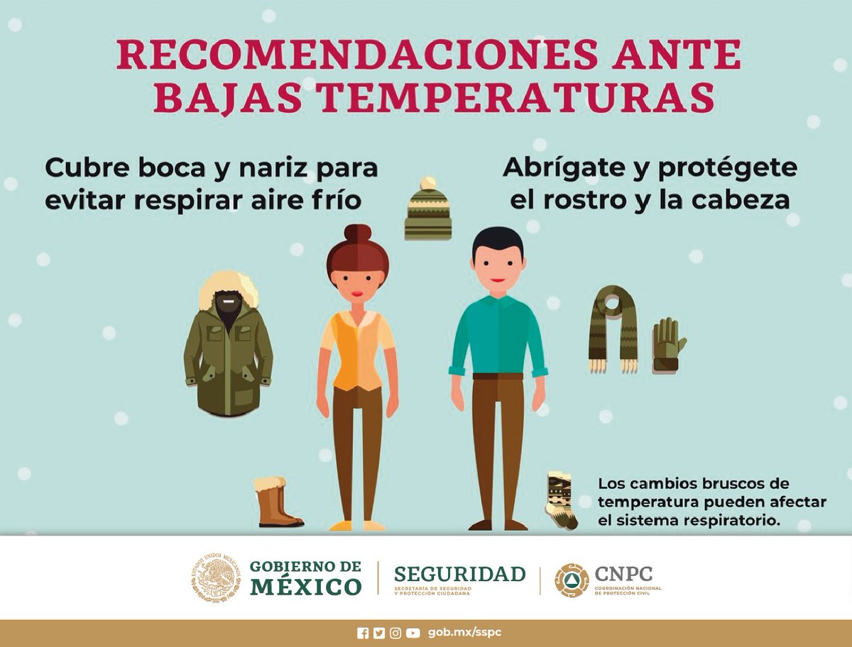 CNPC_MX's tweet photo. ❄️En esta temporada de #Frío, cuando salgas de casa, viste con tres capas de ropa para abrigarte mejor. 🧥🧣👕

Evita contraer enfermedades respiratorias.🤒🚫 https://t.co/E22KuTP6mH
