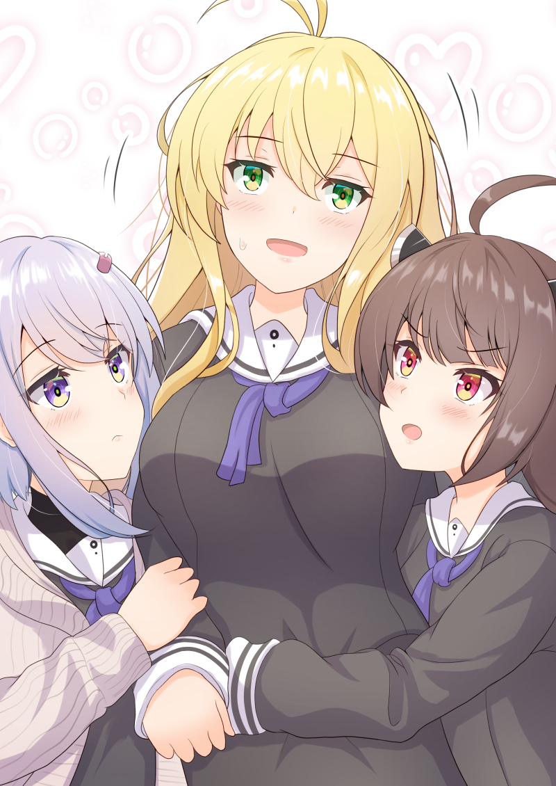 touhoku kiritan ,tsurumaki maki ,yuzuki yukari multiple girls 3girls blonde hair green eyes brown hair purple eyes school uniform  illustration images