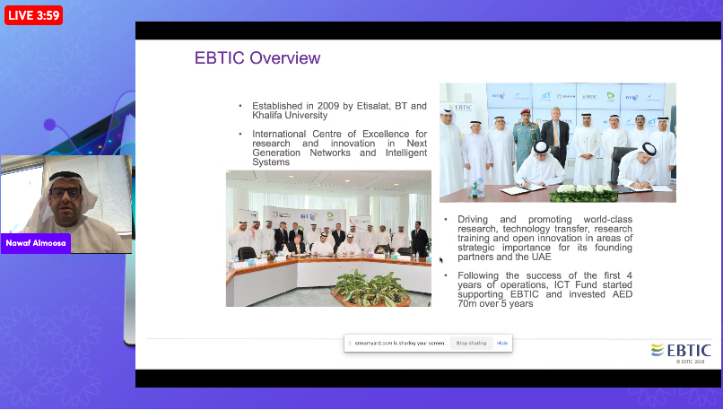Dr. Nawaf Almoosa Director of EBTIC at Khalifa University is introducing Emirates ICT Innovation Center. Get insights about Khalifa University in relation to the Open Data Addathon organized by @AbuDhabiDigital ! 
👉Register now bit.ly/3HuR7Za