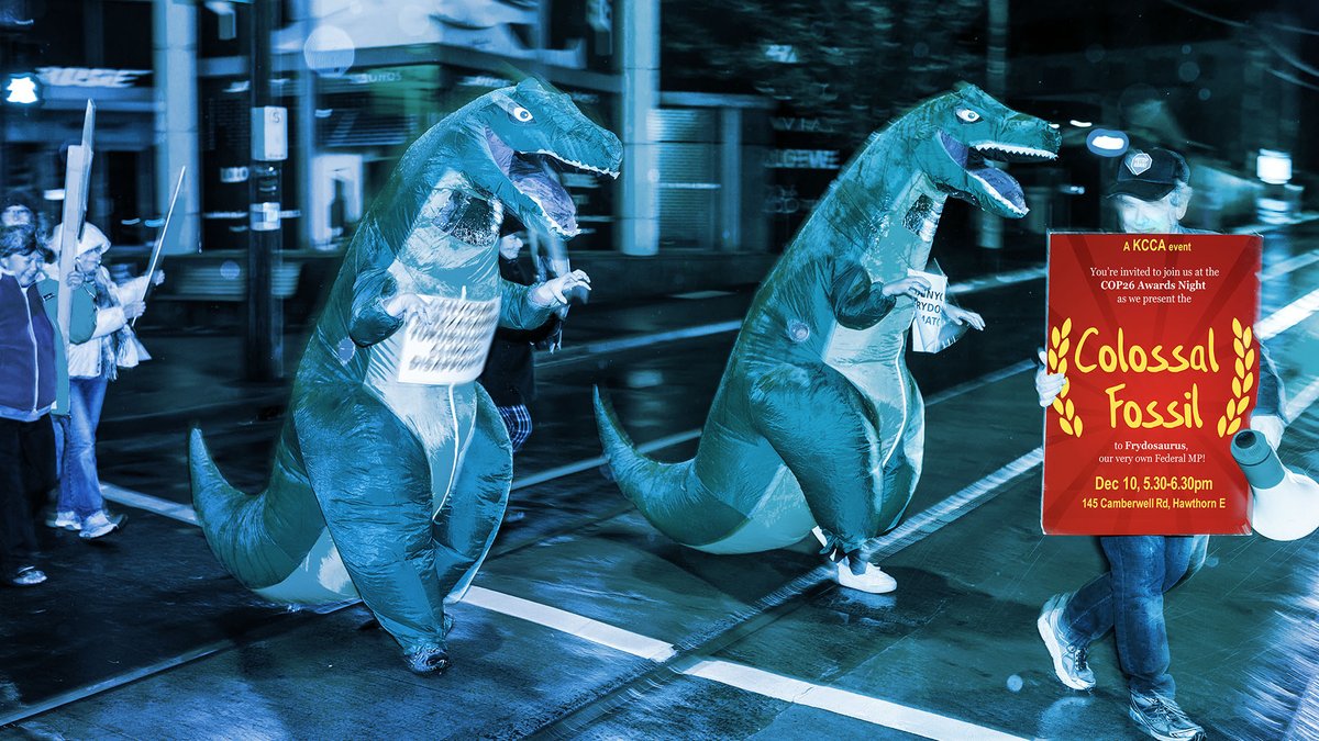 frydosaurus's tweet photo. Listen up! I'm about to be given the prestigious Colossal Fossil Award, for the stratospheric quality of our modelling of the #NetZero planphlet presented at #COP26, plus global obstruction and $$$$$$ (yours) to gas! Applause needed Dec 10, 5.30pm https://t.co/YkihH3LMTB #auspol https://t.co/2S3G8sDliw