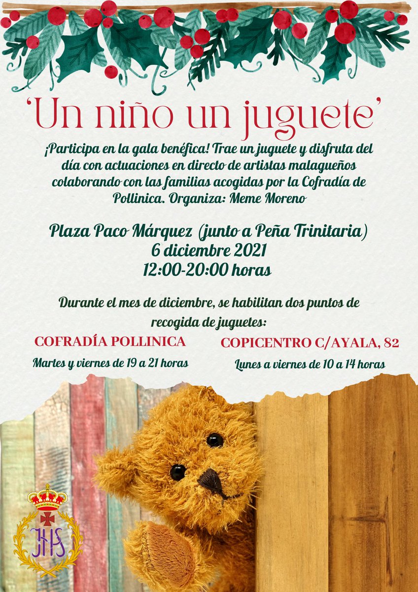 pollinicamalaga's tweet photo. GALA BENÉFICA | ¡Ha llegado el día! Os esperamos hoy en la gala ‘Un niño un juguete’. Disfruta de un gran día con actuaciones musicales en directo mientras colaboras con las familias acogidas por la Cofradía. #CofradíasMLG 

📅 6 diciembre
🕒 12 a 20 horas
📍 Plaza Paco Márquez https://t.co/PnBJrtGwIc