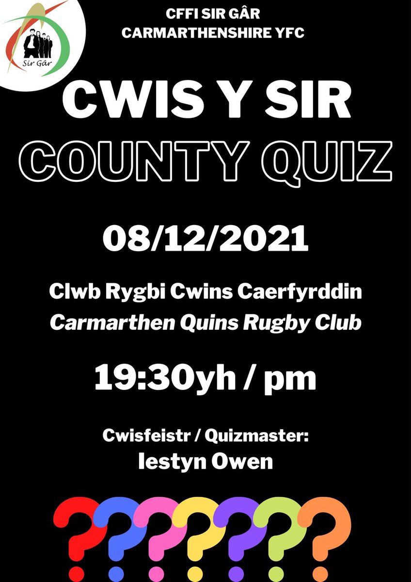 💥 Cwis y Sir / County Quiz 💥

📆 Nos Fercher, 8fed o Rhagfyr 2021
📍 Clwb Rygbi Cwins
🕖 7:30yh

***

📆 Wednesday evening, 8th of December 2021
📍 Quins Rugby Club
🕖 7:30pm