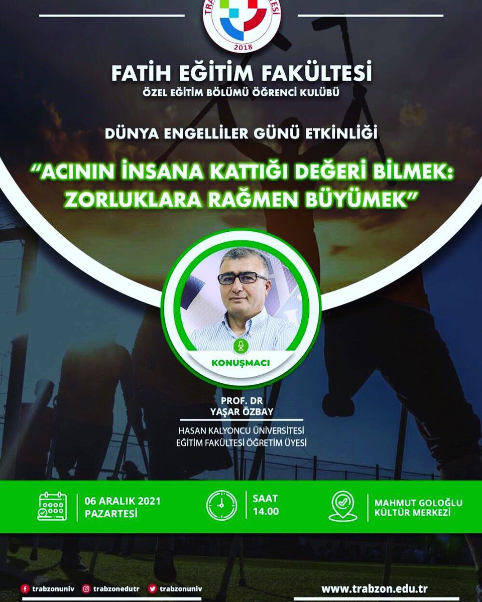 Fakültemiz öğretim üyelerinden Prof. Dr. Yaşar Özbay Karadeniz Teknik Üniversitesi Özel Eğitim Bölümü Öğrenci Kulubü tarafından bugün düzenlenen 
“Acının İnsana Kattığı Değeri Bilmek: Zorluklara Rağmen Büyümek” adlı etkinliğe konuk oluyor.

🗓6 Aralık Pazartesi 
⏰ 14.00