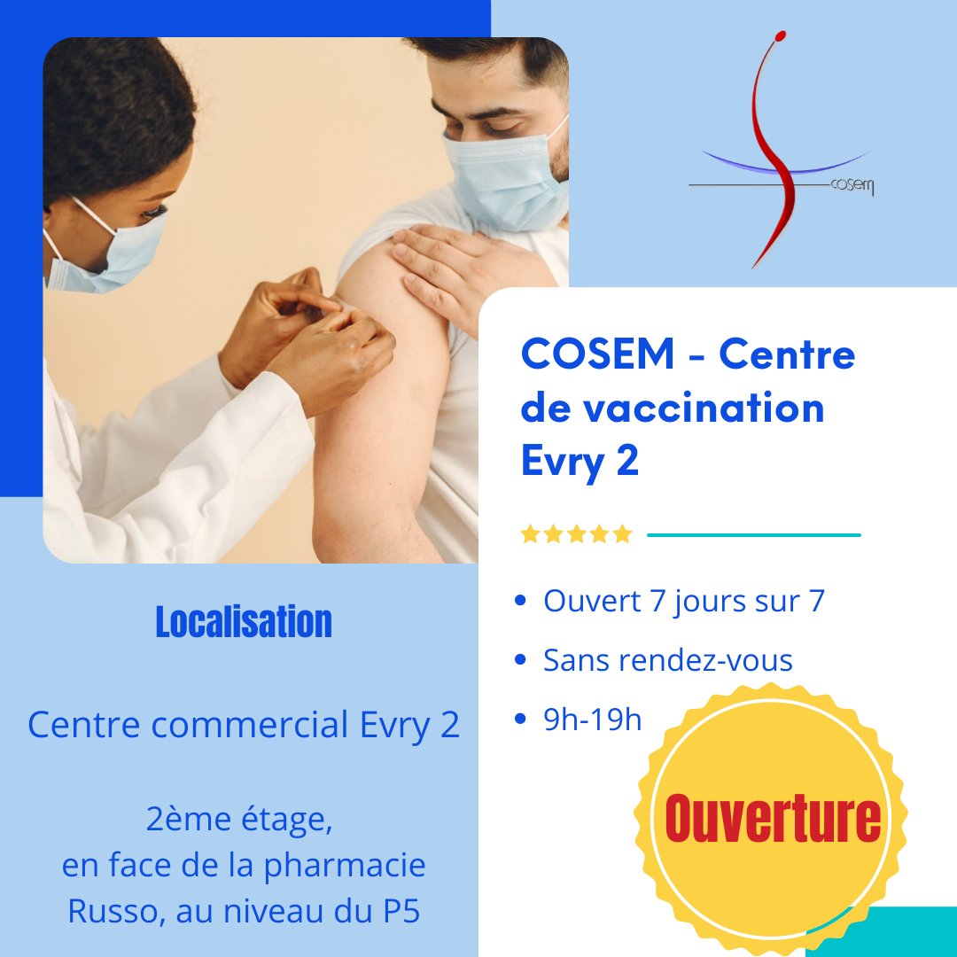 Le centre médical et dentaire Evry 2 du COSEM devient un centre de #vaccination à partir d’aujourd’hui. 💉Il est situé au 2ème étage du centre commercial Evry 2. Venez vous faire vacciner contre le #Covid19 sans rdv, le centre est ouvert 7j/7 de 9h à 19h. 👨‍⚕️