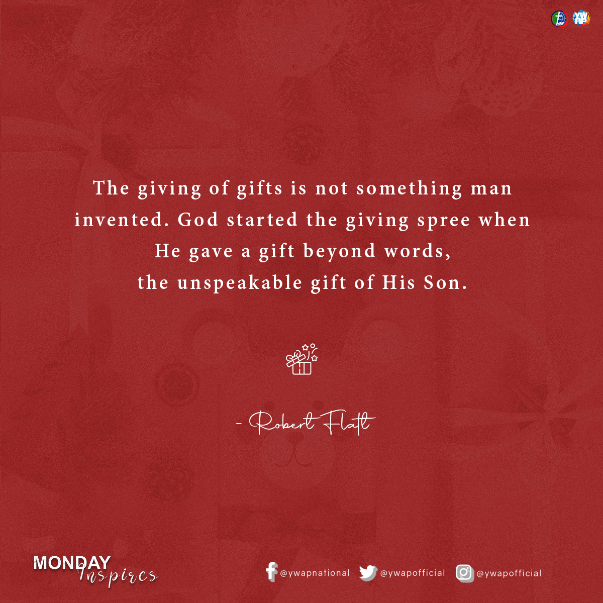 ywapofficial's tweet photo. The greatest gift of all! ππ»
#IRMYWAP #YouthWithAPurpose #MondayInspires #Christmust https://t.co/vtVEAxLvvW