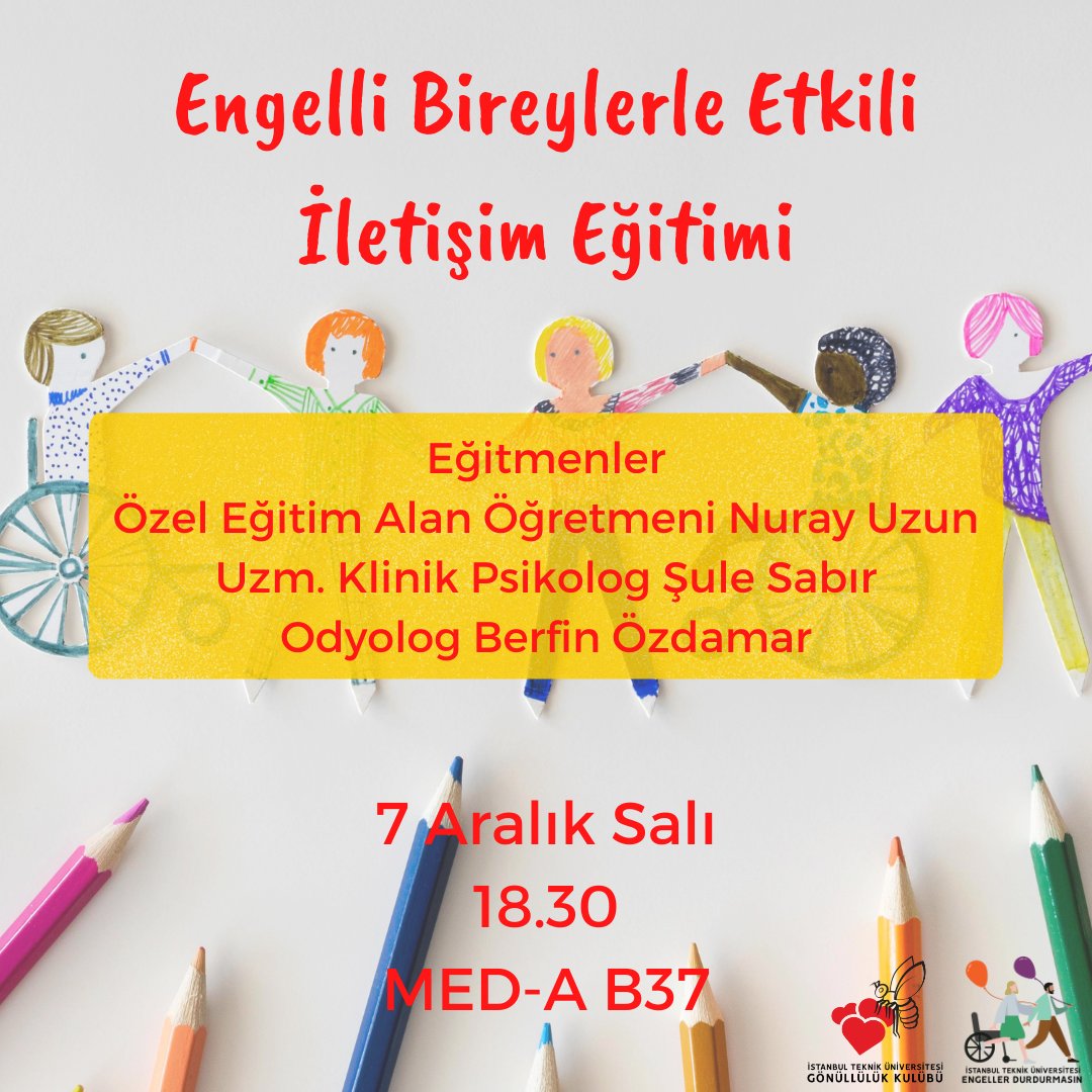 EngellerDur's tweet photo. Bu dönemin ilk eğitimi 7 Aralık Salı günü 18.30'da MED-A B37'de💃💃 Sizleri de daha etkili bir iletişim için aramıza bekliyoruzz🤩🎈
🌸Gerçekleştirilecek eğitim, rehabilitasyon merkezlerine gitmek isteyen gönüllülerimiz için zorunludur. https://t.co/FEQ3ozXw6e