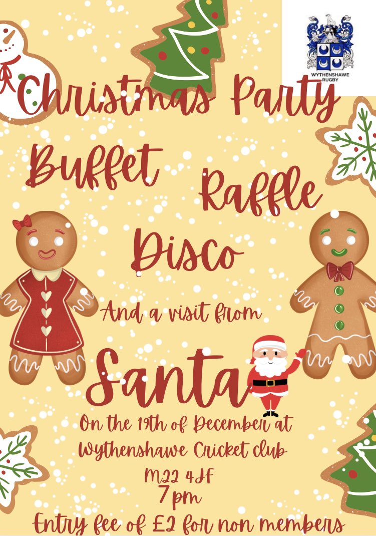 Wythenshawecrc's tweet image. On the 19th of December we will be having our rugby club christmas party at @wythycc_sports At 7pm and would like to invite everyone to join us…. 

There will be a Disco , Buffet ,Raffles and the children will love a visit from Santa 🎅 💃🏼 🕺 🎁 🎈 🎉 🍻