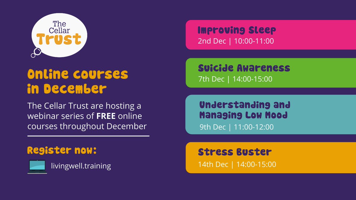 CellarTrust's tweet photo. JOIN US!
Designed to support your mental health & wellbeing, The Cellar Trust and Living Well are hosting a series of FREE online courses throughout December.
Choose the course that best support your needs & register here: https://t.co/J4u7sD7z58
#mentalhealth #thecellartrust https://t.co/WKWgAPw0vB