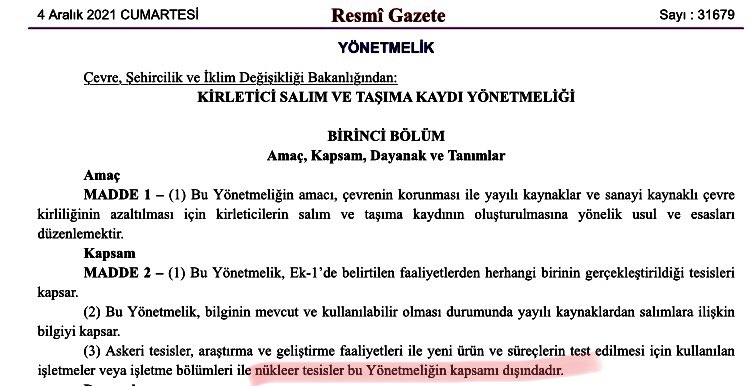 Kirletici Salım ve Taşıma Kaydı Yönetmeliğinde yapılan değişikliklerden NÜKLEER SANTRALLER muaf tutuldu. 
Yönetmelikte kirleticilerin salım ve taşıma kaydı oluşturulmasına yönelik usul ve esaslar düzenlenmiş. #NükleerÖldürür 

Yönetmelik için bkz: resmigazete.gov.tr/eskiler/2021/1…
