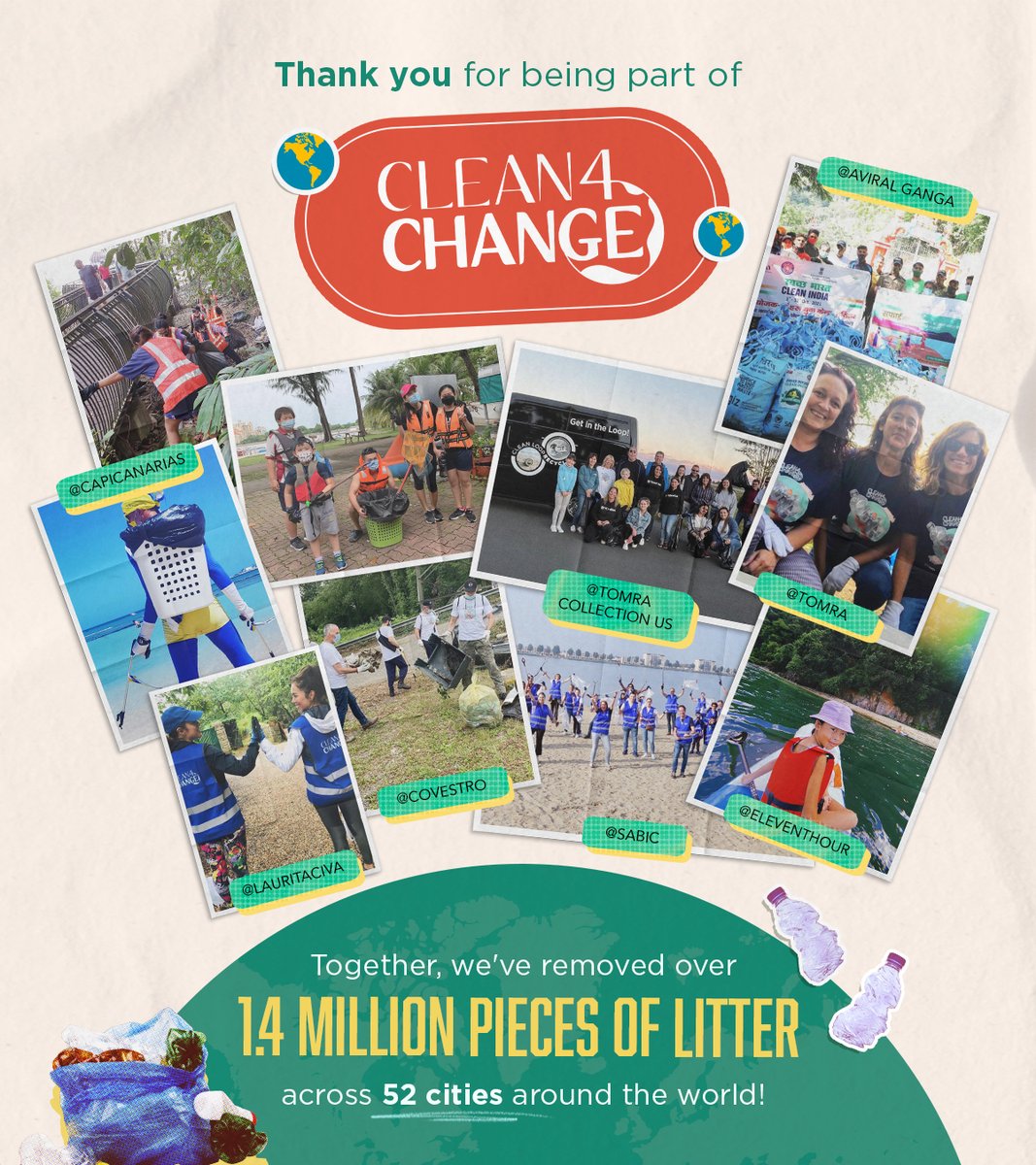 EndPlasticWaste's tweet photo. To celebrate #WorldVolunteerDay yesterday, we want to thank the volunteers who've made #Clean4Change a success! You, our members, and partners came together and conducted cleanups in 52 cities across the globe—removing 1.4 million pieces of litter! #EndPlasticWaste #Commit2Action https://t.co/g6YDiHLjJq