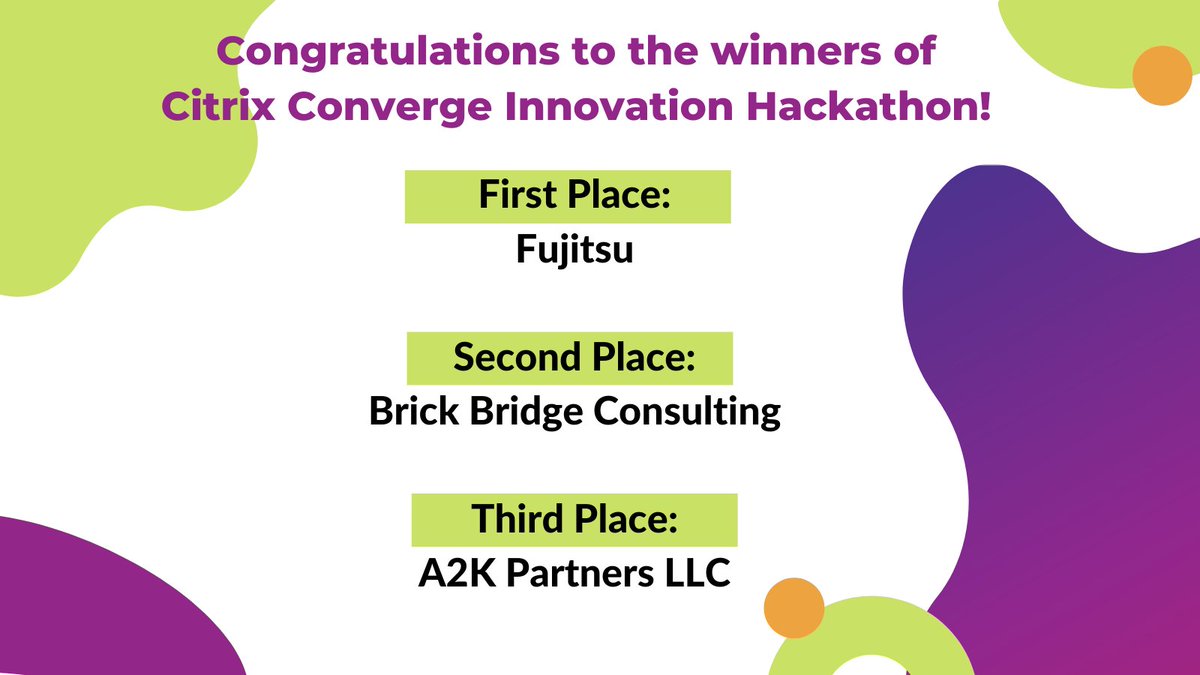 BrickBConsults's tweet image. The @citrix Converge 2021 Innovation Hackathon Winner are announced!

HUGE congratulations to @FujitsuAmerica, @A2kPartners, and our very own @BrickBConsults🎉

#Citrixconverge #DevOps #hackathon