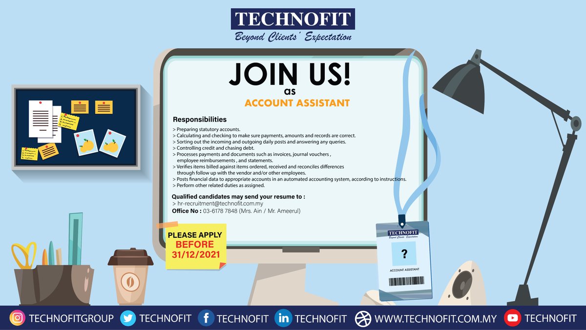 technofitgroup's tweet photo. WE'RE HIRING!

TECHNOFIT SDN BHD
Batu Caves, Selangor

Account Assistant
https://t.co/NzfYpyaiOy

Email your latest resume to : recruitment@technofit.com.my BEFORE 31/12/2021.

COME AND JOIN US!

@infokerjaya
@twt_kerja
@Oh_KerjaKosong
@AsalGombak https://t.co/kX44GqWXAH