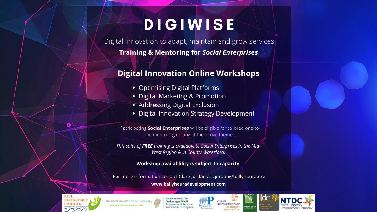 BallyhouraDev's tweet photo. Are you a Social Enterprise looking for support in maintaining and growing your services? 

DIGIWISE supports Social Enterprises in utilising Digital Innovation to adapt, maintain and grow their services in the Mid-West Region and in County Waterford.
#digiwise #digitalinnovation https://t.co/Sq24UFEPwa