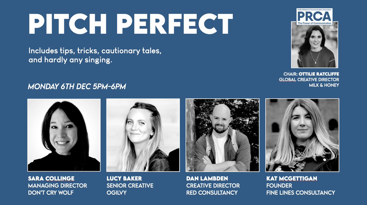 How do you deliver the perfect pitch? 👌

Join <a href="/OttilieCR/">Ottilie Ratcliffe</a> &amp; our Creative Group today at 5 pm GMT to talk about the art of a pitch.

🎙️<a href="/SaraCollinge/">Sara Collinge</a> 
🎙️<a href="/LucyRBaker93/">Lucy Baker</a> 
🎙️@DannyBlahBlah 
🎙️<a href="/katmcgettigan/">kat mcgettigan</a> 

Book: ow.ly/A0Rx50GVRW3