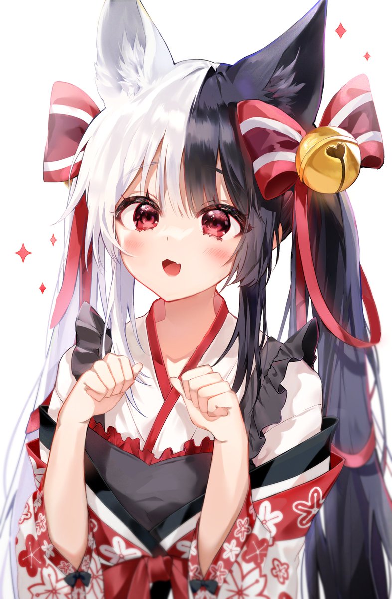 1girl black hair hair bell animal ears twintails red eyes bow  illustration images