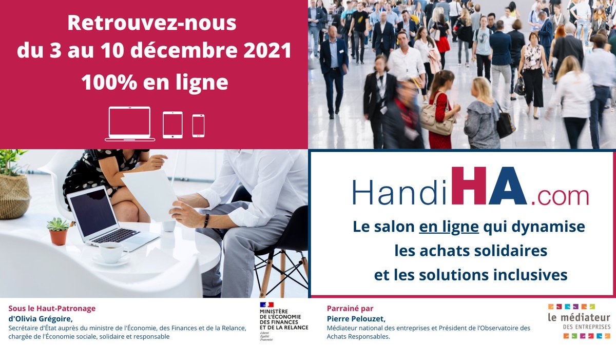 recruthea's tweet photo. 👋Rejoignez-nous au @SalonHandiha pour discuter achats solidaires et inclusifs du 6 au 10 décembre 2021.
📅 À l'occasion de cet événement, nous présentons notre activité mercredi 8 décembre à 9h30 ➡ https://t.co/OjMeAKzgZH
#Emploi #Recrutements #OETH #EATT #HandiHA #Handicap https://t.co/VdklwzuSnt