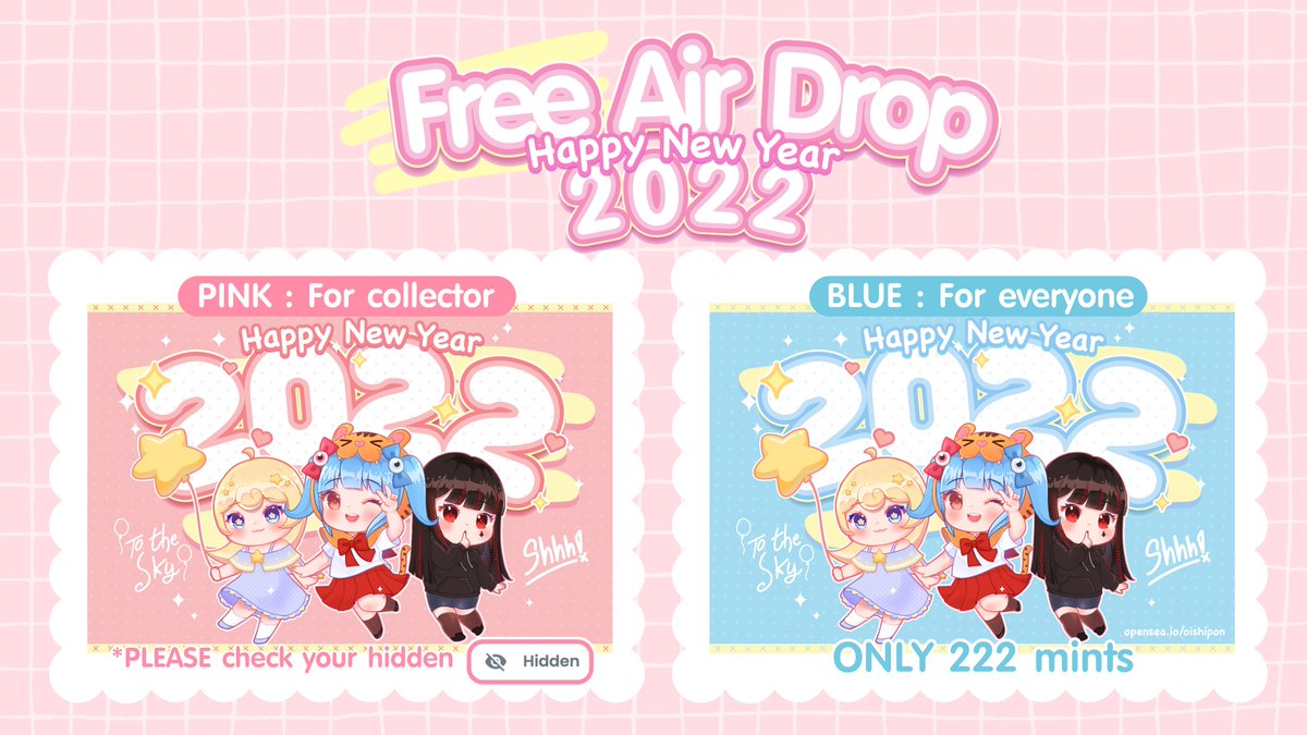 oishipon_NFT's tweet photo. ❤️❤️❤️ Free NFT AirDrop ❤️❤️❤️
Happy new year 2022 to collector and everyone
✨To collector[PINK]
 pls check your hidden . if can't find pls let me know
----------------
✨To everyone[BLUE]
1⃣ RT+follow me
2⃣ Comment your wallet address 
**The first 222 people comment can get NFT https://t.co/djLL3aV2E7