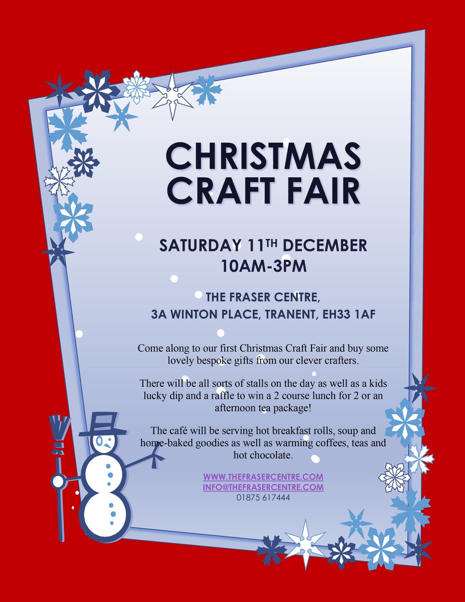 Saturday 11th December come join us for our Christmas Craft Fair, 10am-3pm. Free Entry. Cafe. Raffle. Lots of unique handmade christmas gifts to buy! #tranent #eastlothian #shoplocal thefrasercentre.com pls retweet! <a href="/TranentRegen/">Regenerate Tranent</a> <a href="/TranentBelters/">Tranent Belters</a> <a href="/RotaryTranent/">Tranent Rotary</a> <a href="/ConnectedComEL/">East Lothian Council’s Connected Communities</a>
