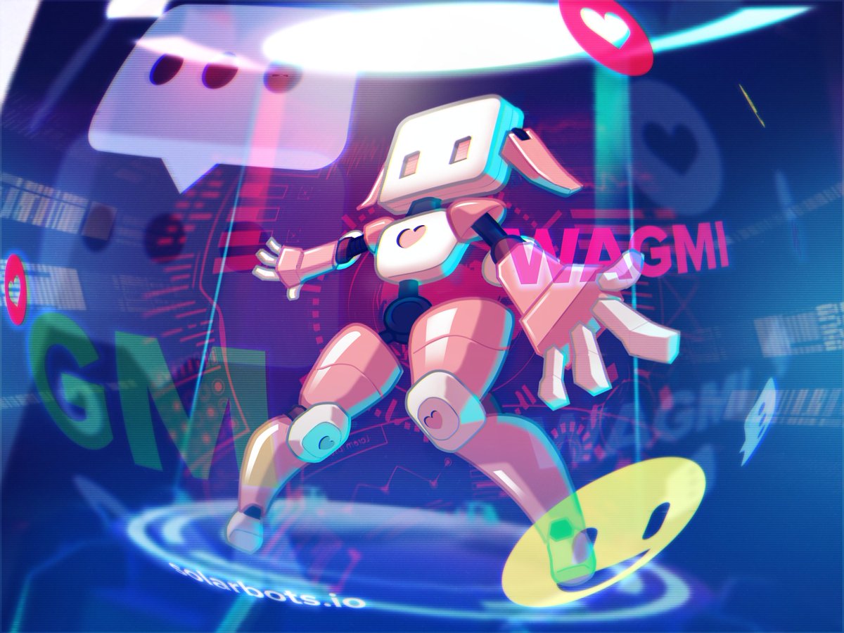 chemist2dio's tweet photo. GM/GN! My entry for Heartbot contest form Solarbot, 

Here's solovebot as productive as she usually is inside the metaverse giving some love, welcome and support. ^_^

#heartbotcontest 
@xNineTwelve
 
@SolarbotsIO https://t.co/k4lhNC51iQ