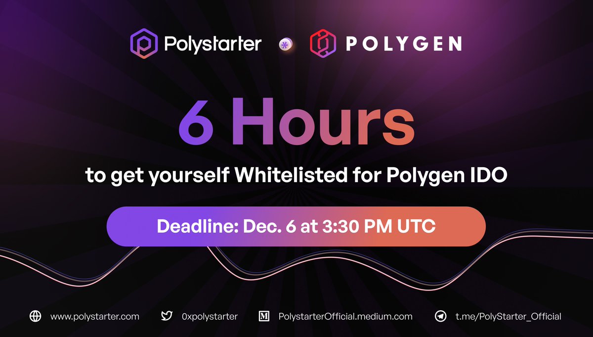 Less than 6 hours left for the @polygen_io #IDO #Whitelisting on Polystarter to end! Deadline: 6th Dec, 3:30 PM UTC We are also giving away 15 whitelisting spots! Don't forget to participate! Follow these simple steps: forms.gle/q7WFN7V7iAcREG…