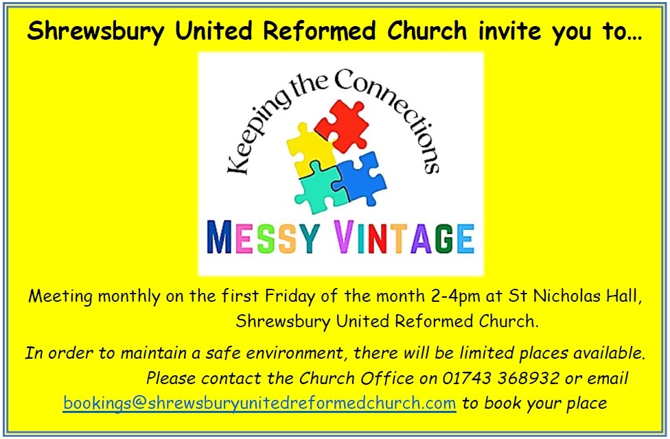 ShrewsburyURC's tweet photo. Messy VINTAGE - An afternoon of fellowship, activities, traditional worship, crafts, board games and chatter, all finished off with singing and afternoon tea. For everyone inclusive of those living with memory loss, dementia, brain injuries, physical disabilities and their c… https://t.co/oI5LrvozKm