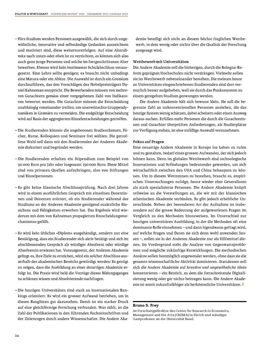 Der Zwang der Studierenden Punkte zu sammeln, der exzessive #Publikationsdruck und die fortschreitende #Bürokratisierung machen die Universität für kreative Menschen unattraktiv. Die «Andere Akademie» schlägt eine Alternative als Konkurrenz zur Universität vor.